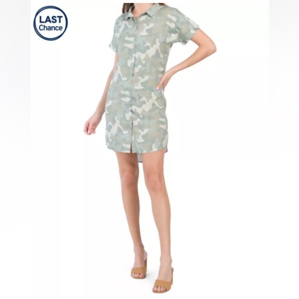 C&C California Washable Linen Shirt Dress Tunic Button Front Camouflage Medium